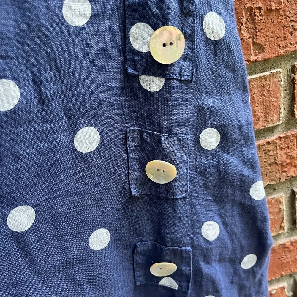 100% Linen Lands Downunder Blue and White Sleeveless Polka Dot Midi Sundress L - Picture 3 of 7